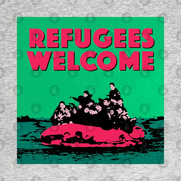 REFUGEES WELCOME (ALT. COLOURS) - ILLUSTRATION SHOWING REFUGEES ON A SMALL BOAT by CliffordHayes